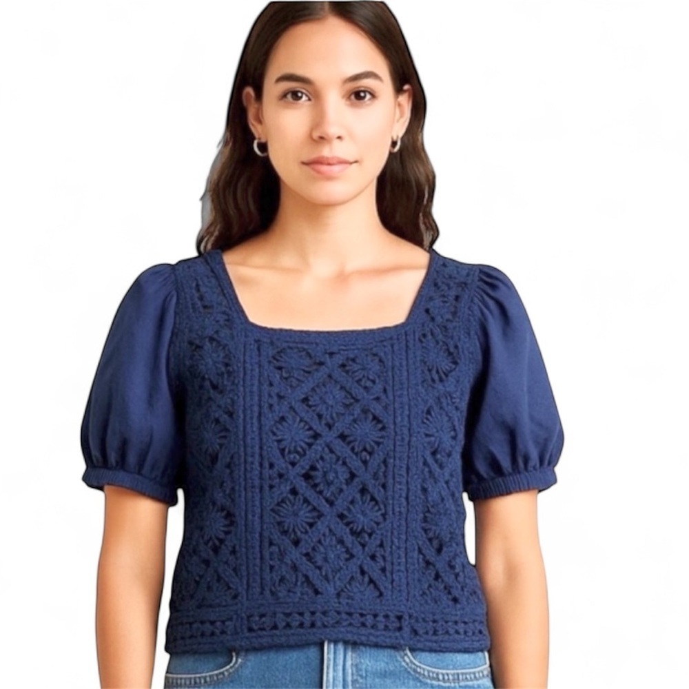 Blue Crotchet Hip Length Blouse Bubble Sleeves Broadway 38 - Misses XLarge